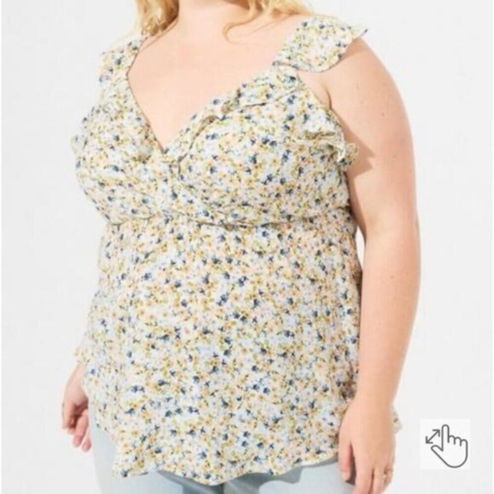 Torrid Yellow & Blue Peplum Georgette Ruffle Surplice Tank Top.